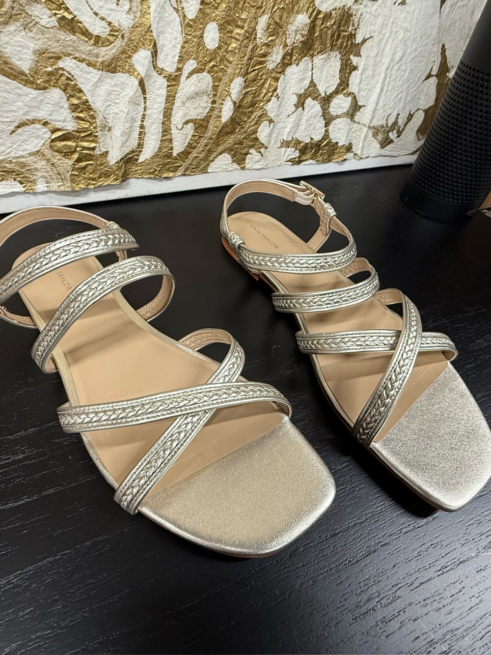 Ann Taylor Metallic Gold Strappy Sandals with Braided Detail